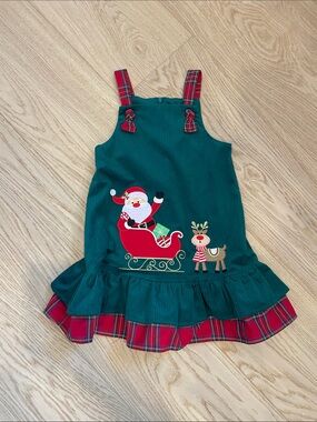 Rare Editions Green Corduroy Jumper with Red Plaid Accents